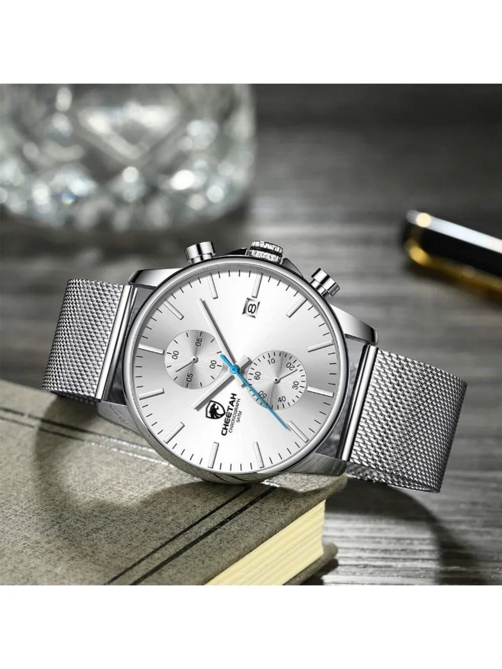 Men's Silver Quartz Analog Mesh Strap Stainless Steel Chronograph Round Watch